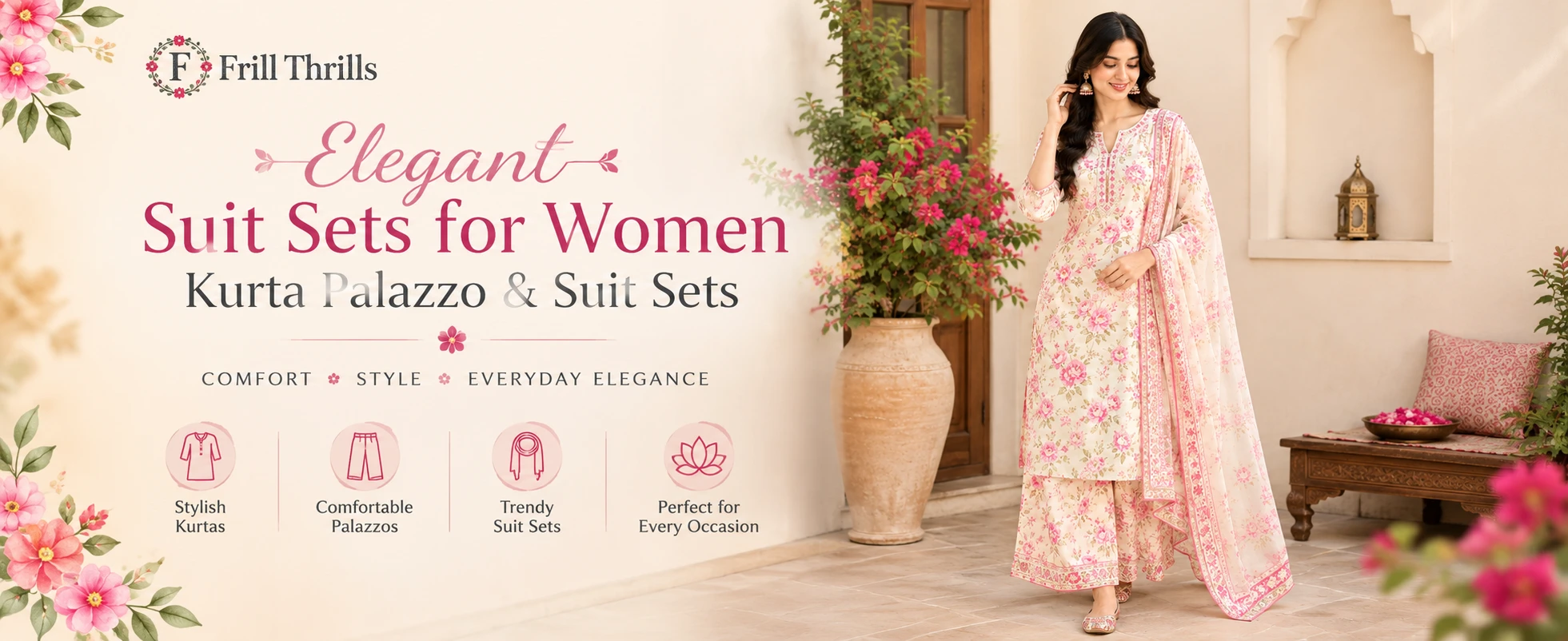 Woman wearing a cream and pink floral kurta palazzo set with Punjabi jutti
