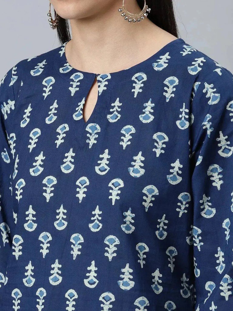 Blue Ethnic Print Cotton Blend Suit Set with Dupatta for Women - product view - Frill Thrills