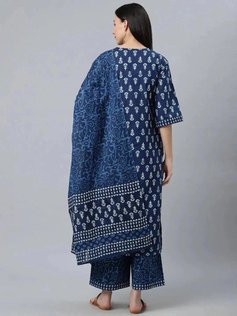 Back view of a navy blue printed straight cotton kurta with matching palazzo and dupatta