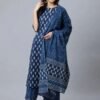 Blue Ethnic Print Cotton Blend Suit Set with Dupatta for Women