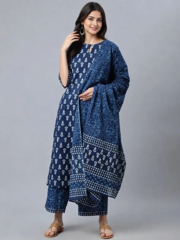 Blue Ethnic Print Cotton Blend Suit Set with Dupatta for Women