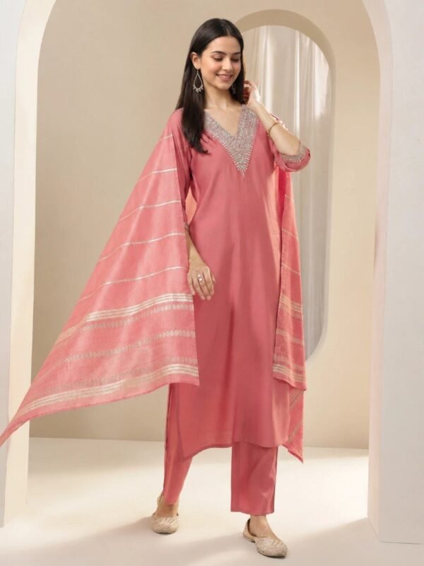 Peach Embroidered Silk Blend Suit Set with Dupatta for Women