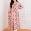 Cream & Pink Floral Rayon Printed Kurta Pant Set for Women