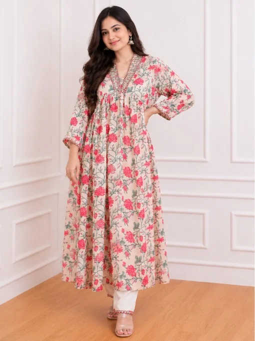 Cream & Pink Floral Rayon Printed Kurta Pant Set for Women