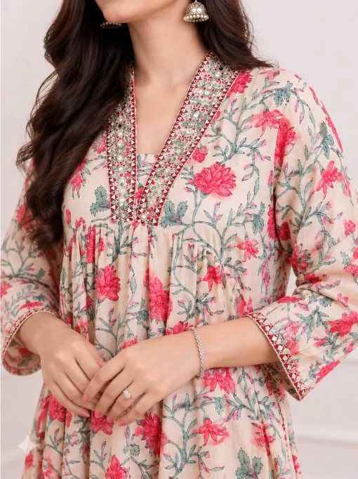 Cream & Pink Floral Kurta Pant Set - Mirror Work Neckline